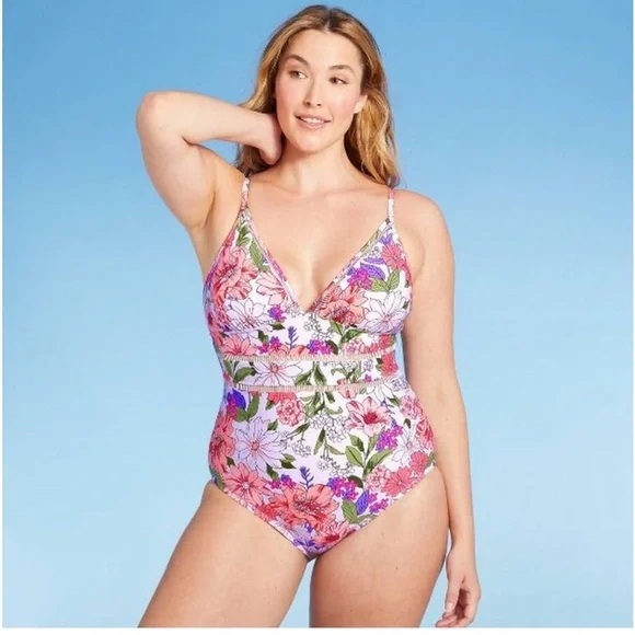 Kona Sol Womens Swim Ladder Trim Medium Coverage One Piece Swimsuit Floral - Picture 1 of 10